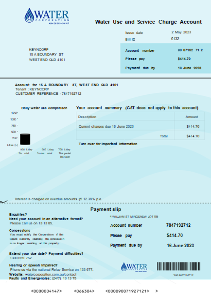 Water Corporation WA utility business bill, SCR PSD template
